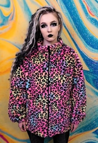 Leopard fleece jacket in pink faux fur fluffy bomber rainbow