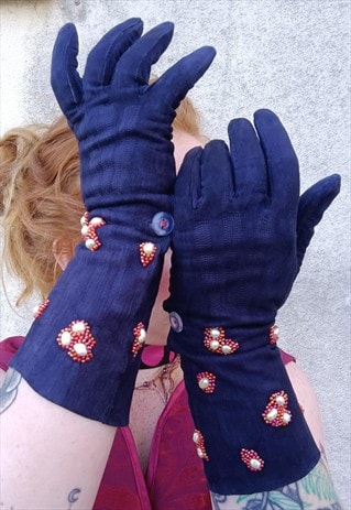 Dark Blue Suede Pearl Gloves Fairy Grunge Vamp Small