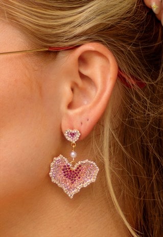 Pink Diamante Heart Dangle Earrings