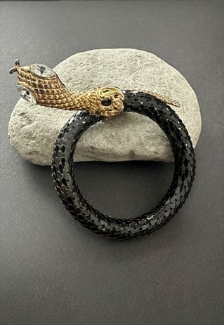 70's Black Vintage Metal Bracelet Snake Diamante Gold