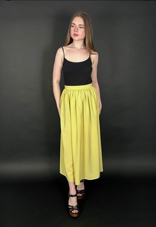 80's Vintage Ladies Yellow Midi Skirt Grey Polka Dot Print 