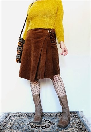 90s brown corduroy wrap pleated minimalist midi knee skirt