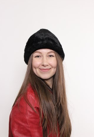90s faux fur hat, vintage black winter fake fur hat for her