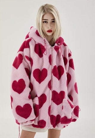 Heart fleece jacket hooded love print bomber in pink