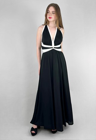 Yvette of Paris 70's Halter Neck Black White Maxi Dress