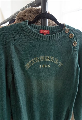 y2k 00s Burberry 1856 Embroidered Green Crew Neck Knit Jumpe