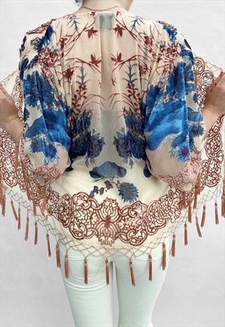Vintage Style Kimono White Tassel Fringed Floral Velvet Top