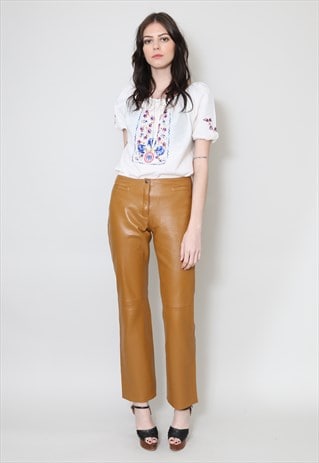 Vintage 90's Tan Leather Flared Trousers Low Rise Ladies 
