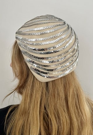 60's Vintage Cream Wool Silver Sequin Space Age Cloche Hat