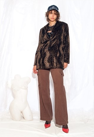 Vintage 90s Blazer Coat in Brown Leopard Plush