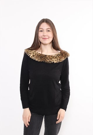 90s leopard collar black blouse, vintage pullover 