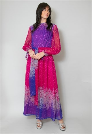 Vera Mont 70's Pink Purple Long Sleeve Floral Maxi Dress 