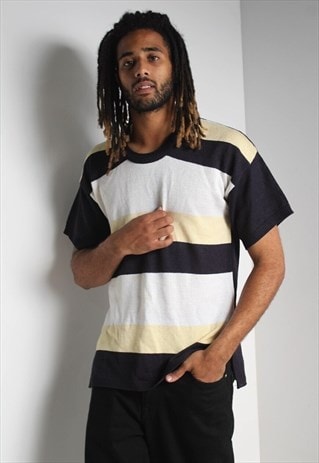 Vintage Knit Block Striped T-Shirt Top Black