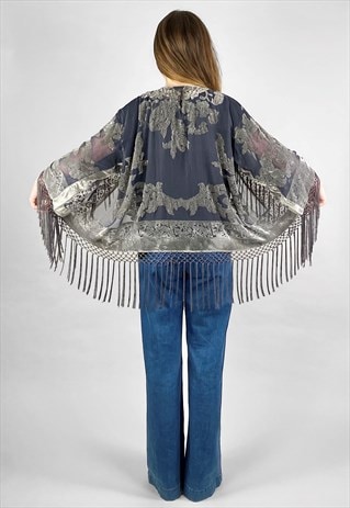 Vintage Style Ladies Kimono Grey Fringed Velvet Jacket