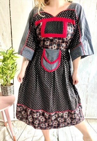 Vintage Black & Red Boho Tiered 70's Prairie Milkmaid Dress
