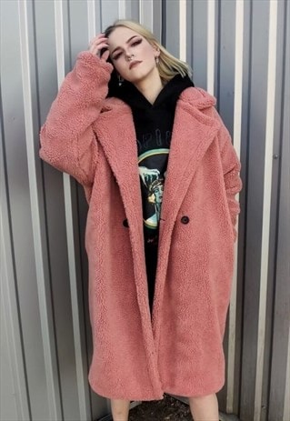 Fleece trench jacket in pastel pink faux fur fluffy mac coat