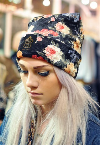 HANDMADE FLORAL PRINT VELVET BEANIE