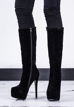 Janelle Stiletto Heel Platform Knee High Boots - Black