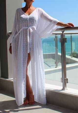 WHITE CHIFFON MAXI DRESS , CAFTAN DRESS, COVER UP DRESS