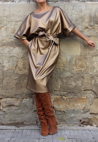 GOLD LEATHER MAXI DRESS, MIDI DRESS, FALL WINTER DRESS