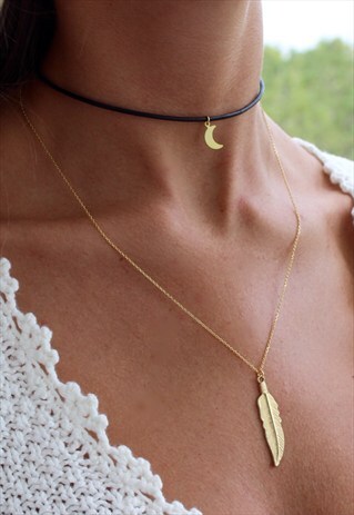 THE GOLD COSMIC MOON CHOKER & FEATHER NECKLACE