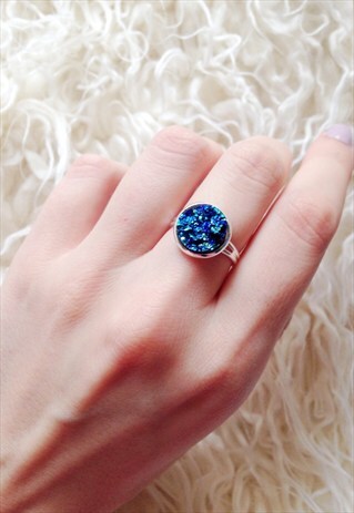 FAUX TITANIUM QUARTZ BLUE DRUZY RING