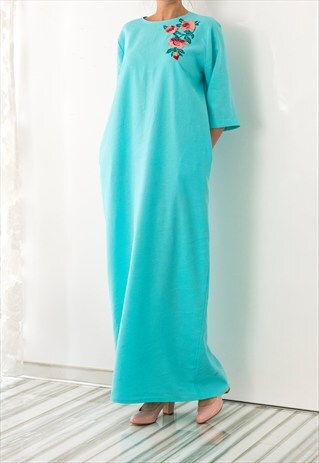 HANDMADE EMBROIDERED TURQUOISE LINEN MAXI DRESS