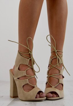 nude block lace up heels