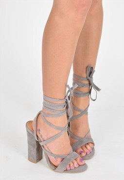 grey tie up heels