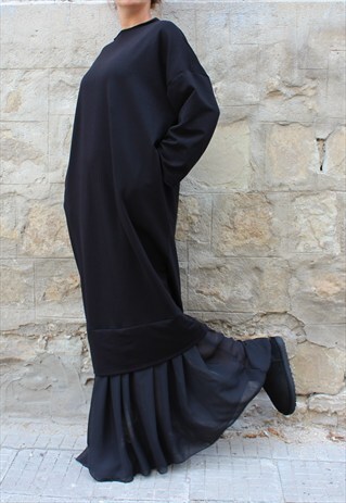 BLACK COTTON MAXI DRESS, JUMPER DRESS, MIDI DRESS, FALL DRES