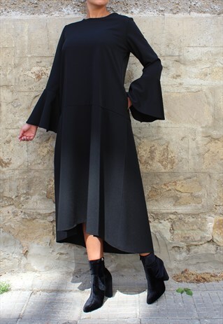 BLACK MAXI DRESS, ELEGANT DRESS WITH POCKETS, MIDI DRESS