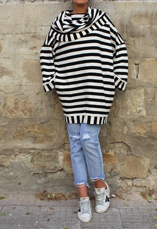 LONG SLEEVE DRESS/ BLACK AND WHITE DRESS/ MIDI DRESS/ JUMPER