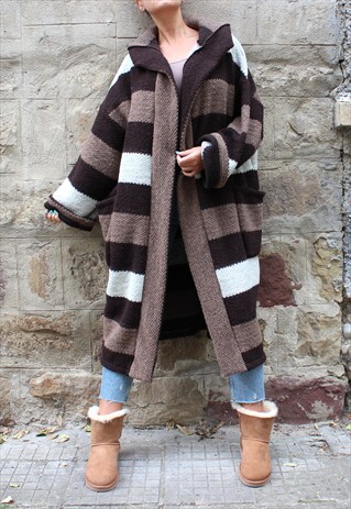 STRIPED HOODED CARDIGAN, MAXI COAT, WOOL OVERSIZED MANTO