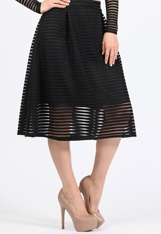 BLACK MESH STRIPE MIDI SKIRT