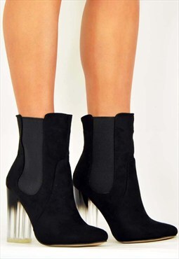 black suede boots with clear heel