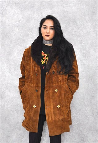 VINTAGE 1990S TOBACCO BROWN SUEDE LEATHER SHEARLING COAT