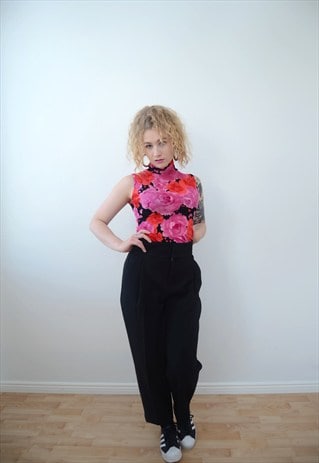 VINTAGE PINK & RED ROSE PRINTED TURTLE NECK TOP