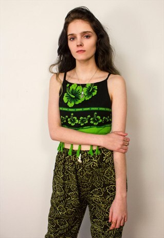 BALINESE LOTUS PRINT GREEN STRAPPY BACKLESS CROP TOP