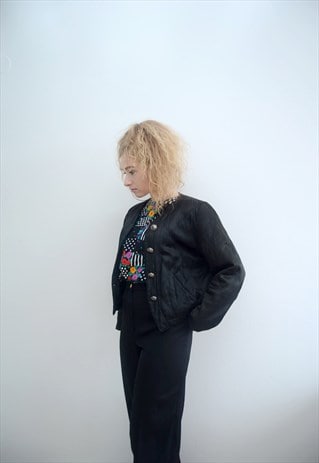 VINTAGE BLACK QUILTED SATIN CROP BOMBER JACKET