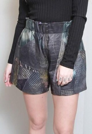 VINTAGE 1980'S BLACK ABSTRACT PRINT LEATHER SHORTS