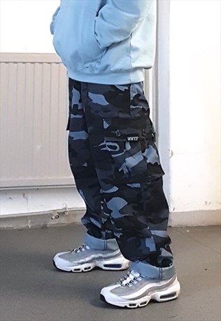 NEW BAGGY CARGO TROUSERS CAMO BLUE