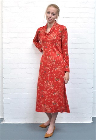 VINTAGE 70'S RED FLORAL PRINT JERSEY DRESS