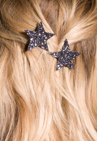 STAR HAIR CLIPS, SILVER STARS, GLITTER HAIR CLIPS
