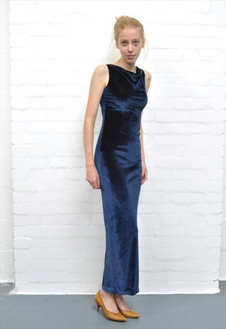 VINTAGE MIDNIGHT BLUE VELVET MAXI PARTY DRESS