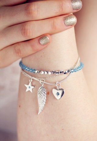 SILVER SWAROVSKI BEAD TRIPLE CHARM BRACELET OCEAN SKY