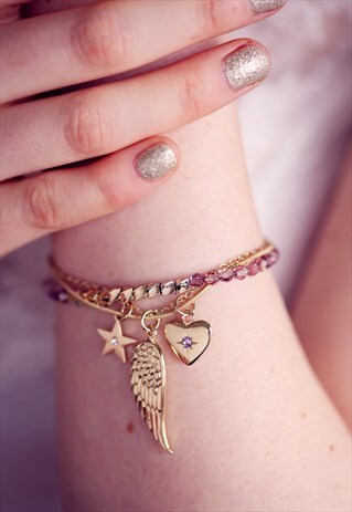 GOLD SWAROVSKI BEAD TRIPLE CHARM BRACELET LILAC AMETHYST