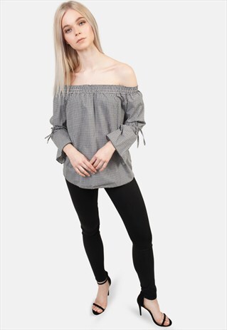BLACK TIE OFF THE SHOULDER GINGHAM TOP