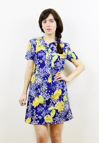 70S BLUE/YELLOW RETRO FLORAL PRINT MINI SHIFT DRESS