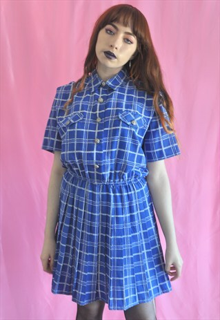 VINTAGE 1980S CHECKED BLUE SKATER DRESS