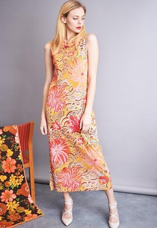 VINTAGE 70'S FLORAL PATTERN PSYCHEDELIC MAXI ELEGANT DRESS